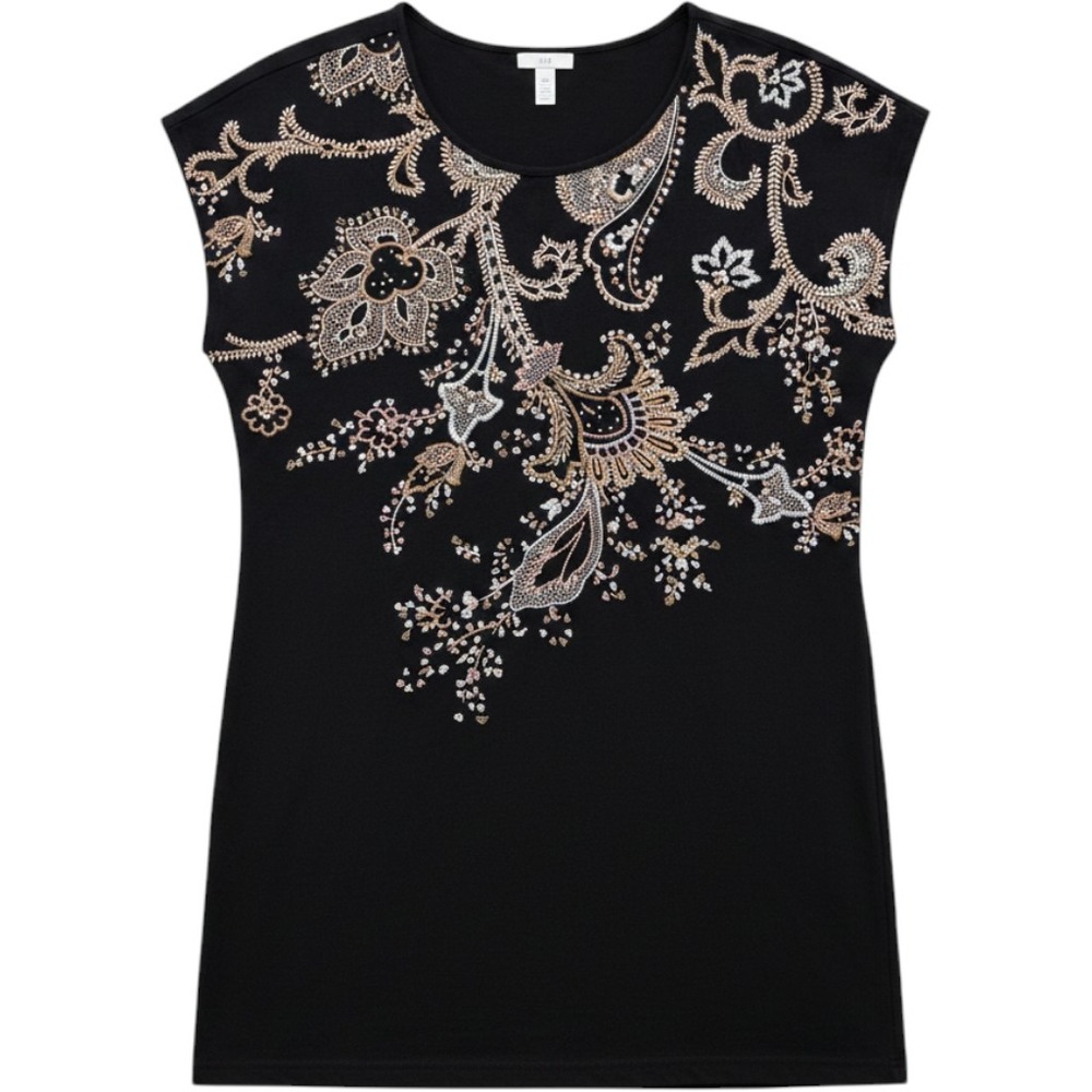 J. Jill Knit Tunic Top Women Large Black Embroidered Paisley Cap Sleeve Travel